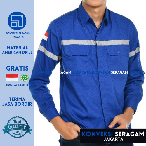 Baju Kemeja Safety K3 Lengan Panjang - Seragam Kerja Atasan Wearpack Werpack Werpak Proyek Tambang Warna Biru Benhur Pria Wanita - Konveksi Seragam Jakarta