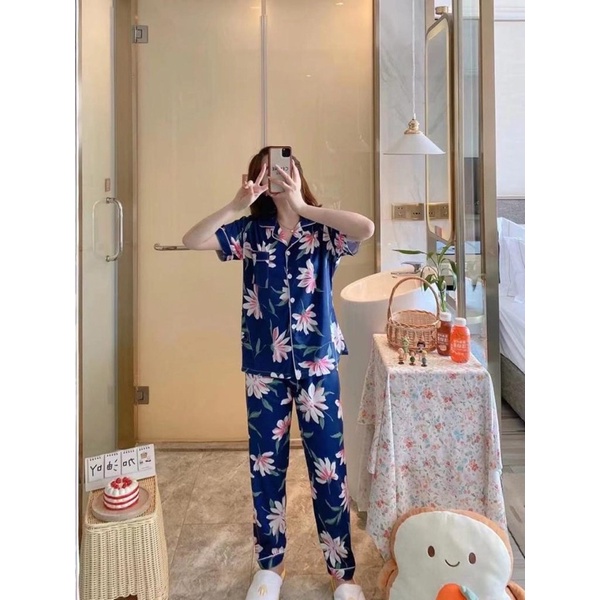 JC- PIYAMA SET Import CP / Piyama wanita Import terbaru / Piyama Import Korean Style-FlowyPink navy CP