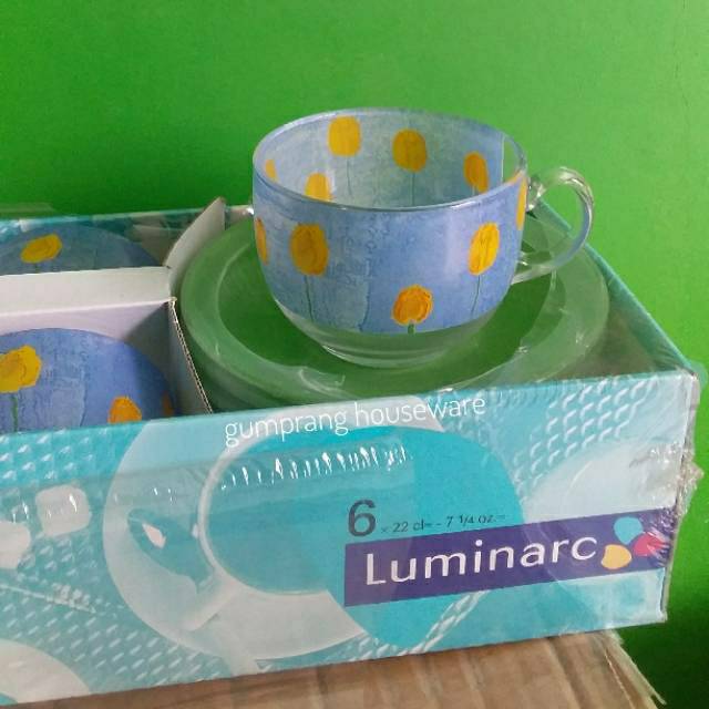 Cangkir set kaca Luminarc teacup cangkir + tatakan cangkir teh cup kaca motif bunga tulip