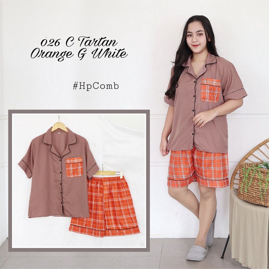 IZANY Piyama Dewasa Hotpant Combina Allsize / HP  Combina Saten Apple LD 100-026 TARTAN ORNGE G W