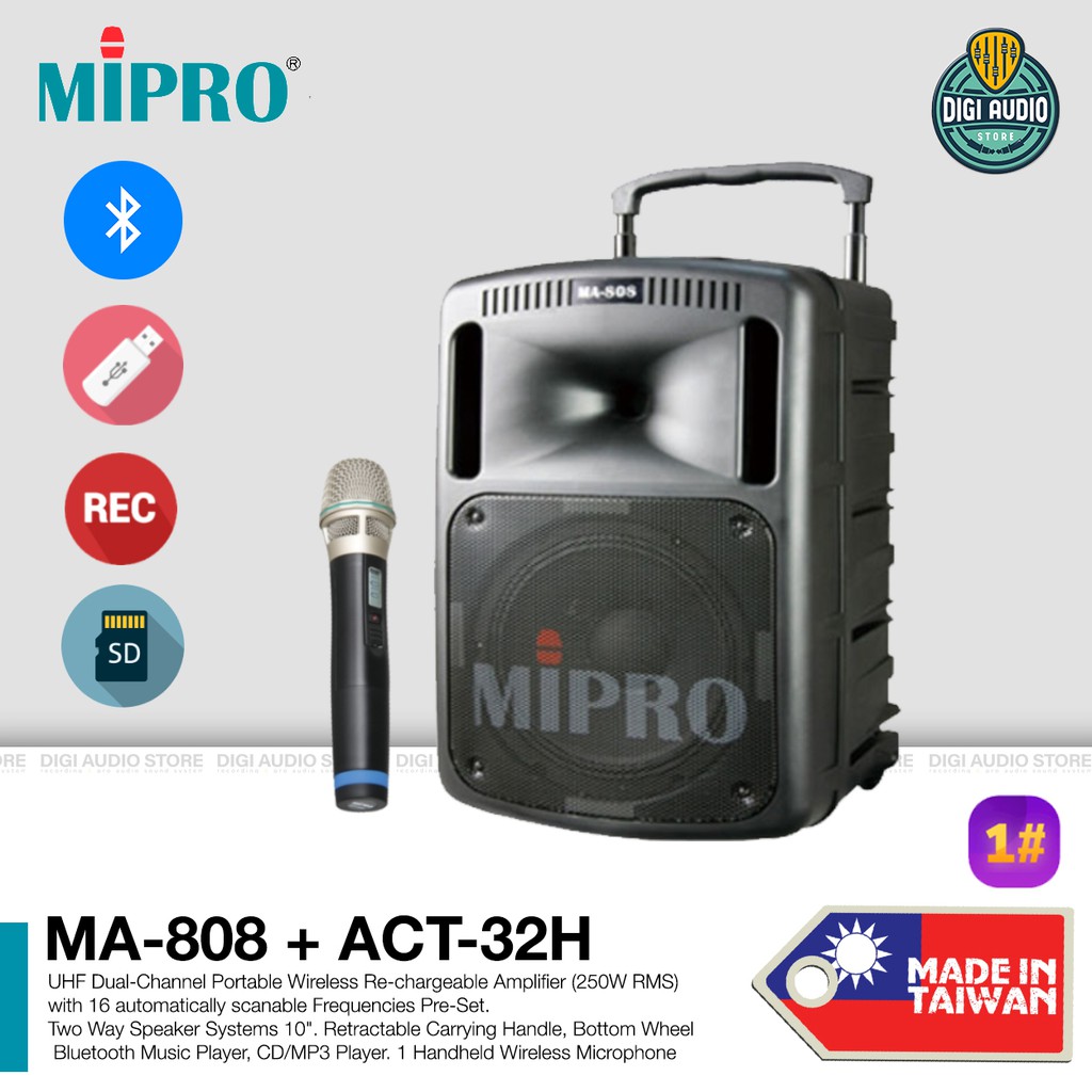 Speaker Portable Bluetooth & 1 Wireless Microphone Mic & CD SD USB MP3 Player & Recording MIPRO