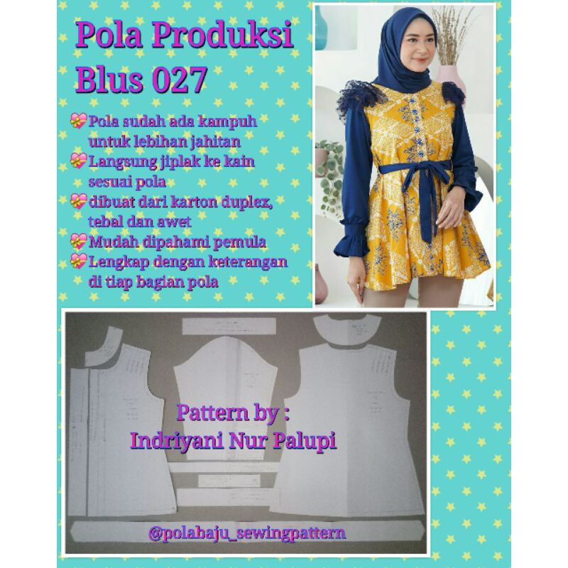 Pola Produksi Blus 027 - Pola blus batik - Pola baju Batik variasi bahu tulle kerut