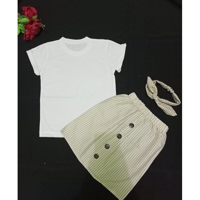 3in1 rok pendek  YaYa motif kotak+ atasan polos+ /bando