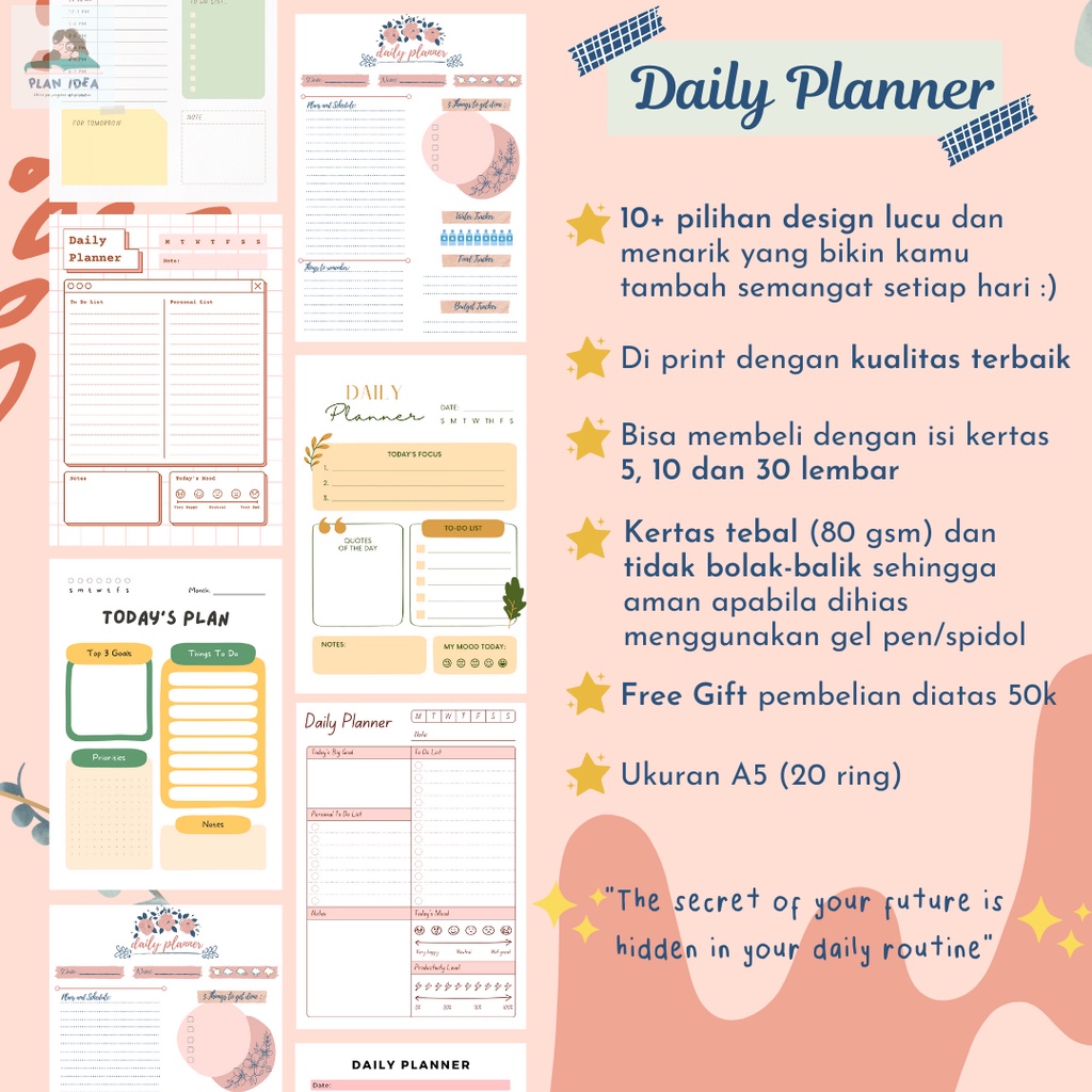 

Daily Planner Binder/Buku Planner/Planner Binder/Binder Paper/To Do List /Time Plan Schedule Organizer/Notebook/Refill Binder/Kertas Binder/Buku Jurnal A5 80 GSM