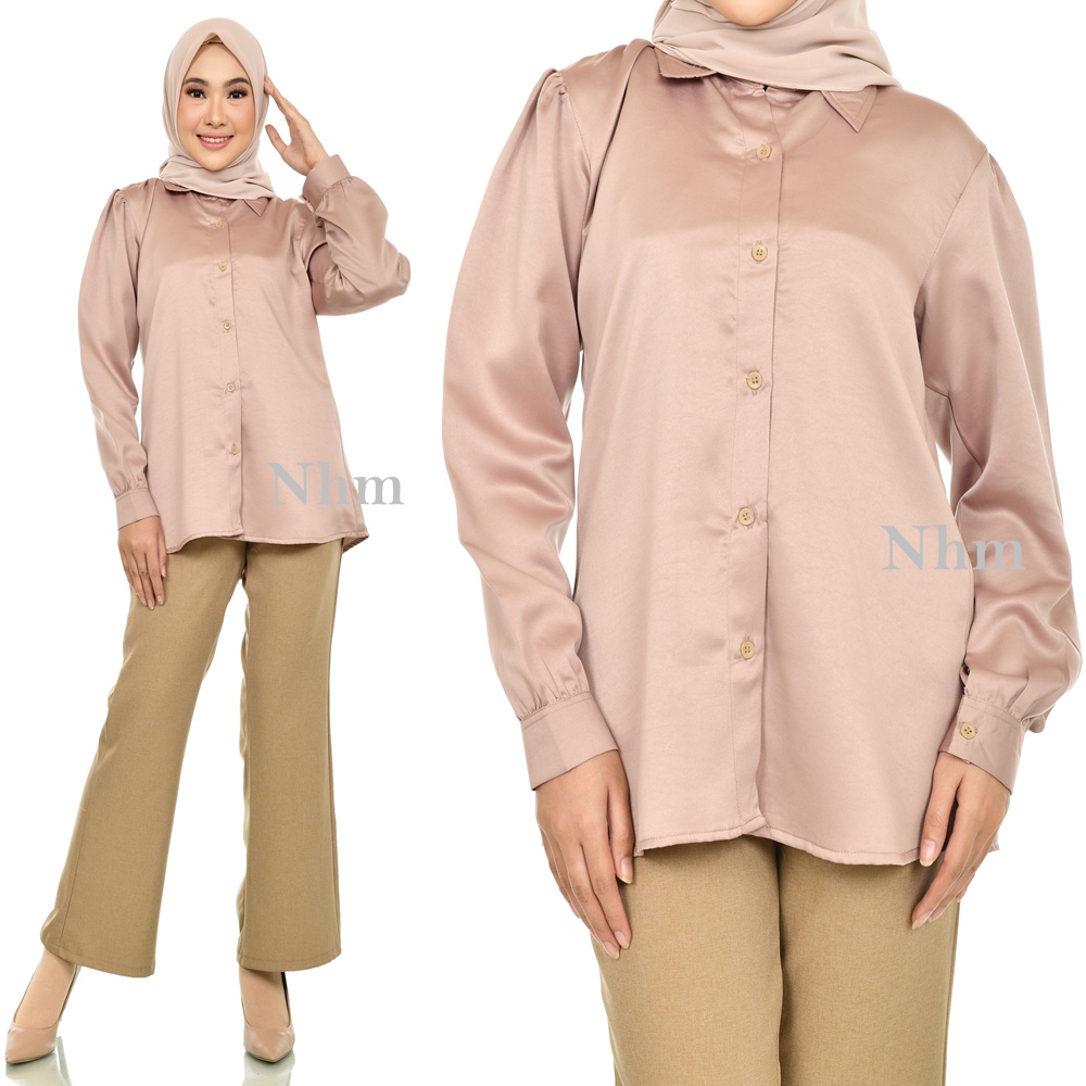 Kemeja Polos Tangan Balon Satin Velvet Adem/Kemeja Aurel Korean Style/Kemeja Wanita/Kemeja Basic