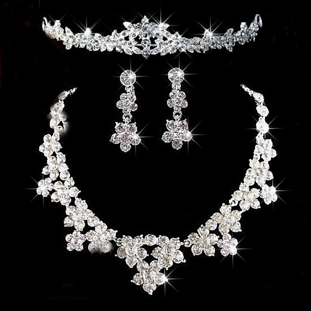 OW@ Elegant Rhinestone Bridal Women Jewelry Set Earrings Necklace Head Chain Tiara