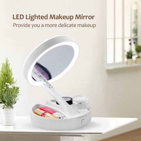 Cermin LED Mirror Lipat Portable kaca Rias Dua Sisi Usb Baterai Makeup