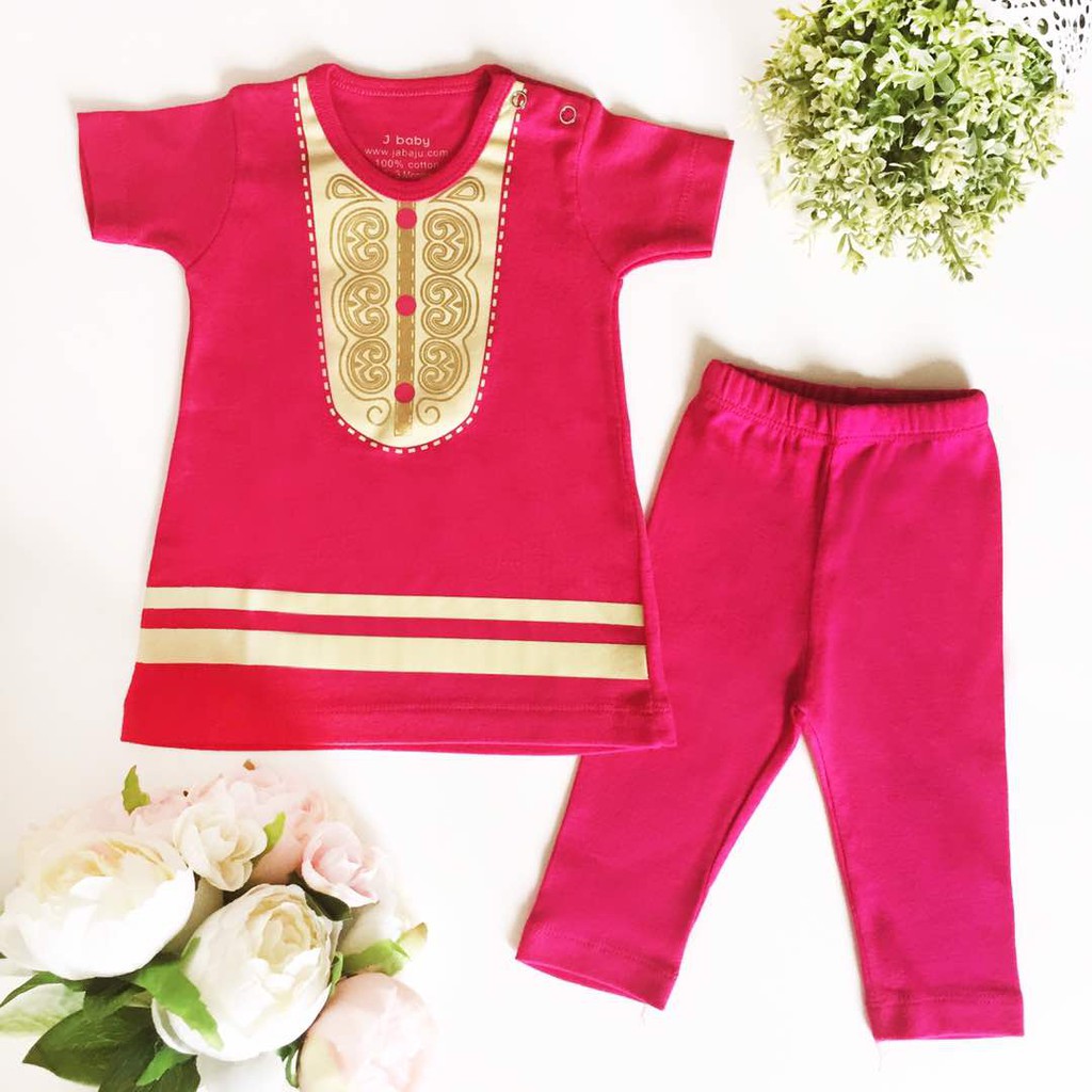  Baju  Lebaran anak  bayi  perempuan  Set  Dress Hari Raya Pink 