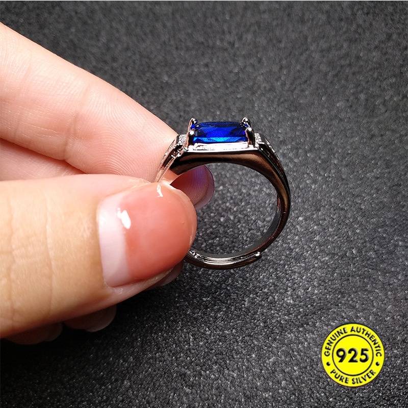 Cincin Model Terbuka Aksen Sapphire Bahan S925 Silver Untuk Pria