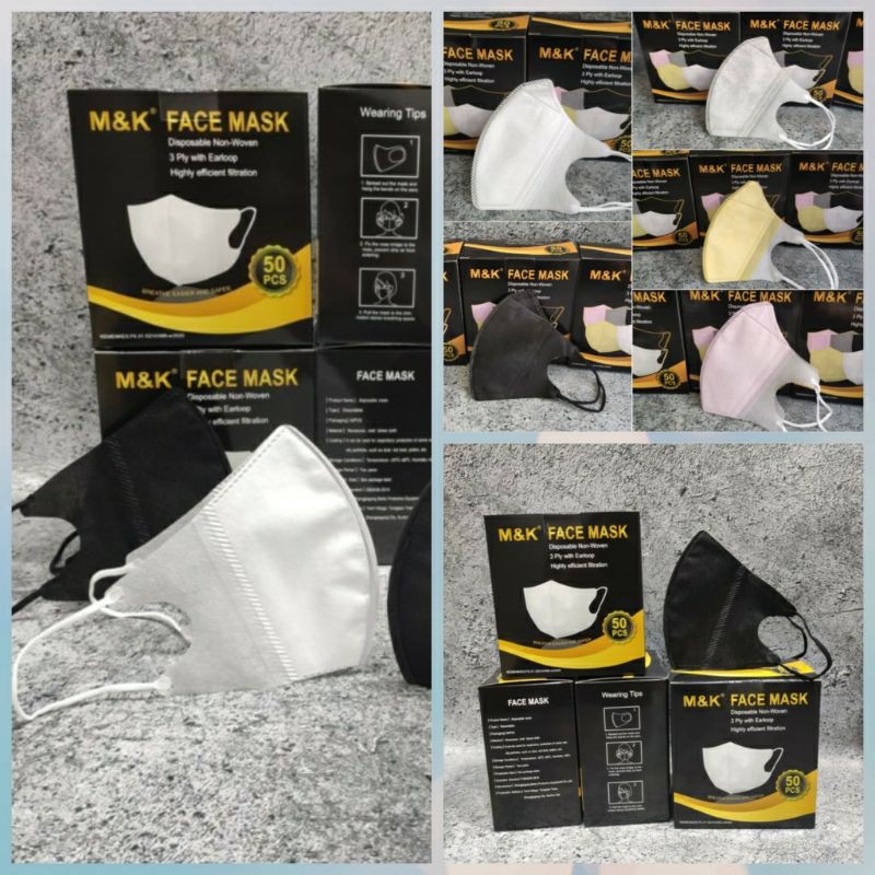 PER 50 PCS MASKER DUCKBILL 3PLY M&K MK FACE MASK KEMENKES HITAM PUTIH