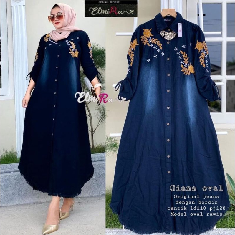 Giana Midi Dress Maxi Gamis Super Jumbo Hitam Jeans Bordir Bunga Rawis Ld 130 Fit XXL By Elmira