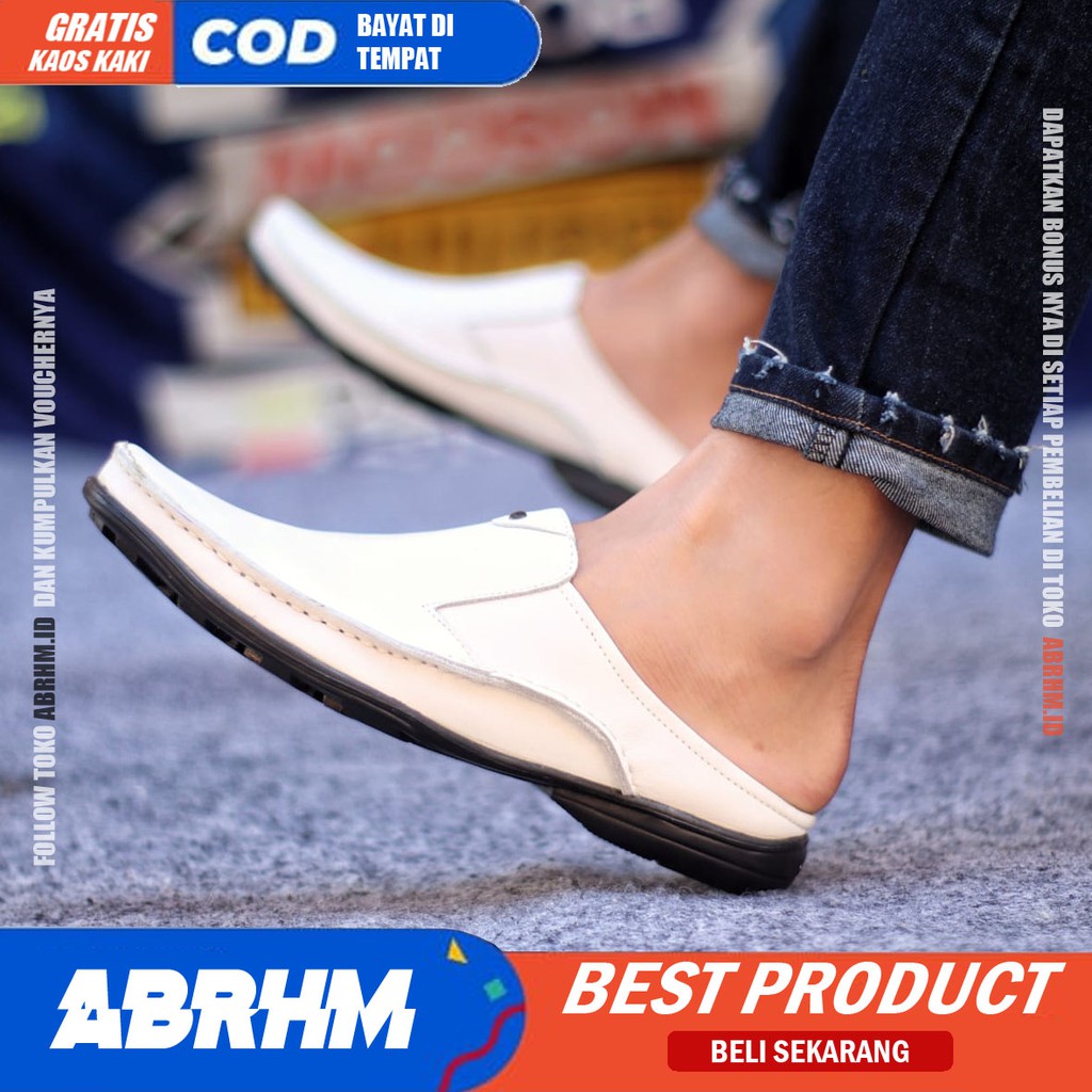 ABRHM x Sandal Slide Pria Sandal Slop Pria Kulit Asli Sendal Selop Cowok / Cowo Ori Keren Kekinian