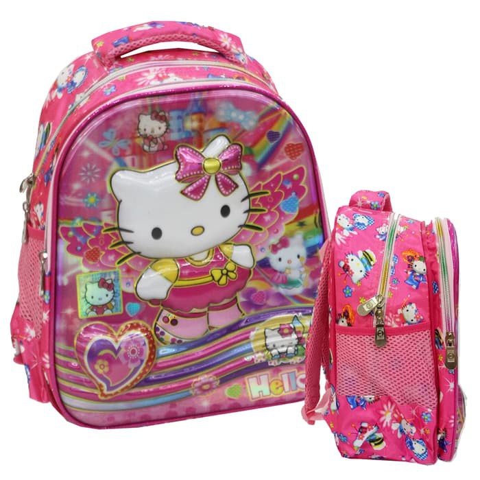 "Tas Ransel TK Import Hello Kitty 5D Timbul Hologram Dua Kantung"