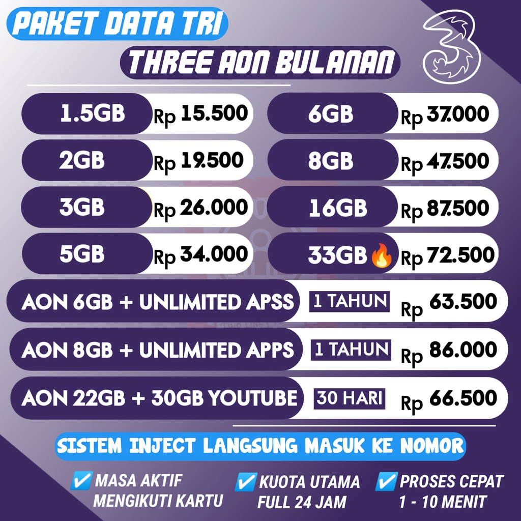 Paket Data Tri Aon Murah | Kuota three Aon | Data 3 Happy