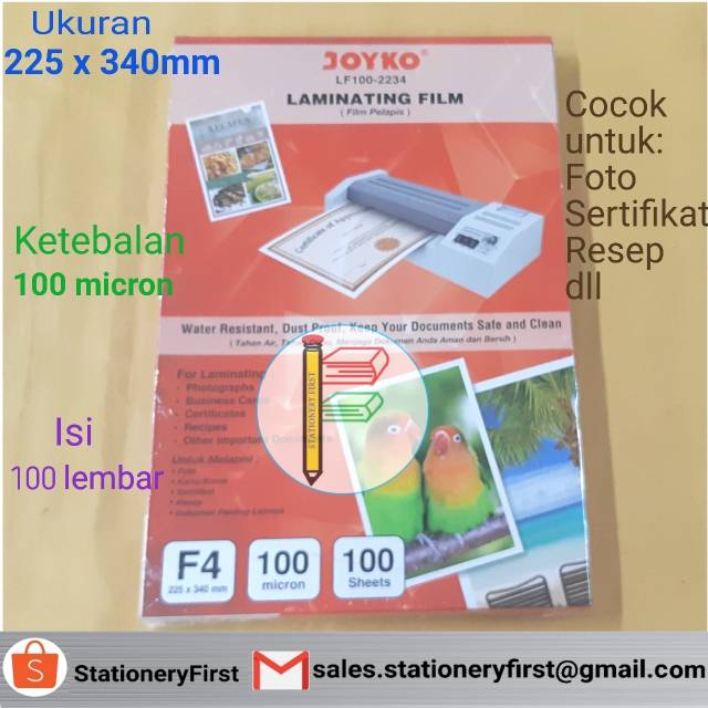 Joyko Laminating Film / Plastik Laminating F4 100 micron per pack isi 100