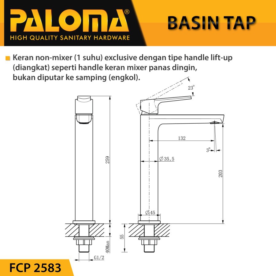 PALOMA FCP 2583 Keran Wastafel Tinggi Bambu Cuci Tangan Meja Kran Air