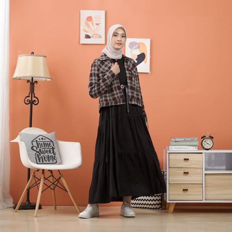 Gamis dress set cardi blazer rompi outer flanel kotak tania keren cantik casual kasual santai jalan 