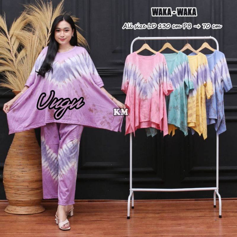 One Set Kaos Jumbo Model Waka Motif Tiedye Setelan Wanita Celana Panjang Kekinian