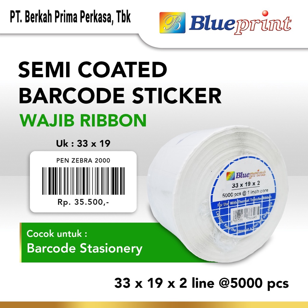 

Sticker Barcode Semicoated 33x19 mm 2 Line BLUEPRINT Stiker Label Semi Coated 33 x 19 x 2 Line - 1 Roll