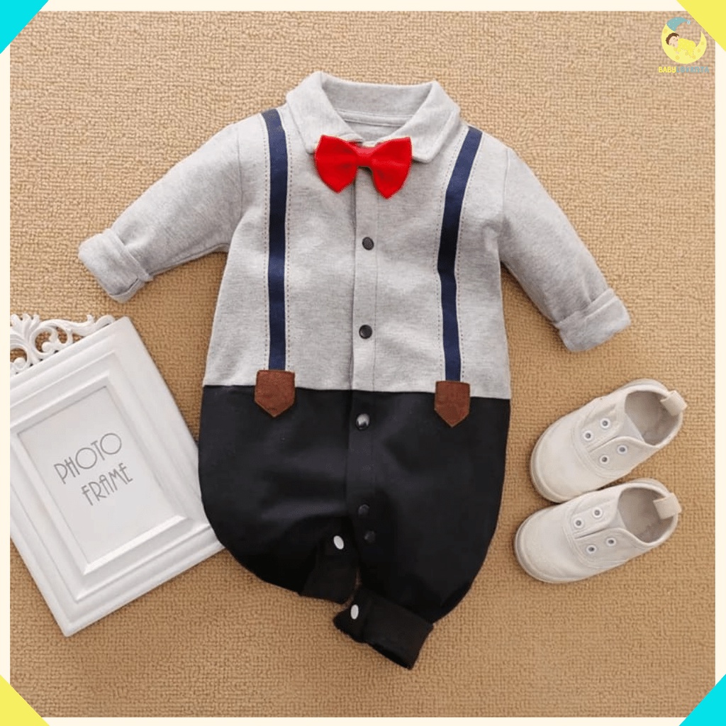 Terbaru Baju bayi laki laki Tuxedo merah jumper bayi laki laki Gratis dasi kupu kupu merah