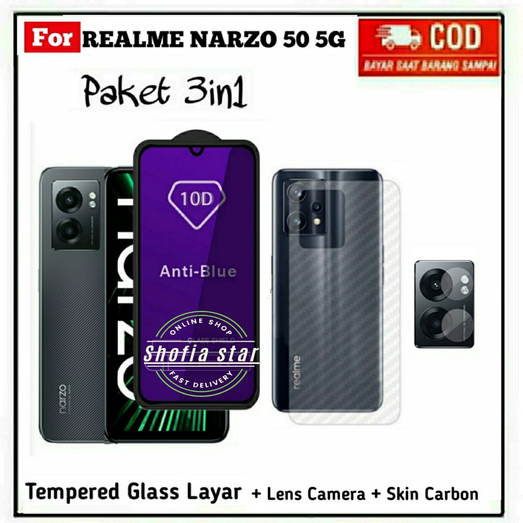 3IN1 TEMPERED GLASS NARZO 50 5G TG LAYAR ANTIGORES KACA FULL COVER