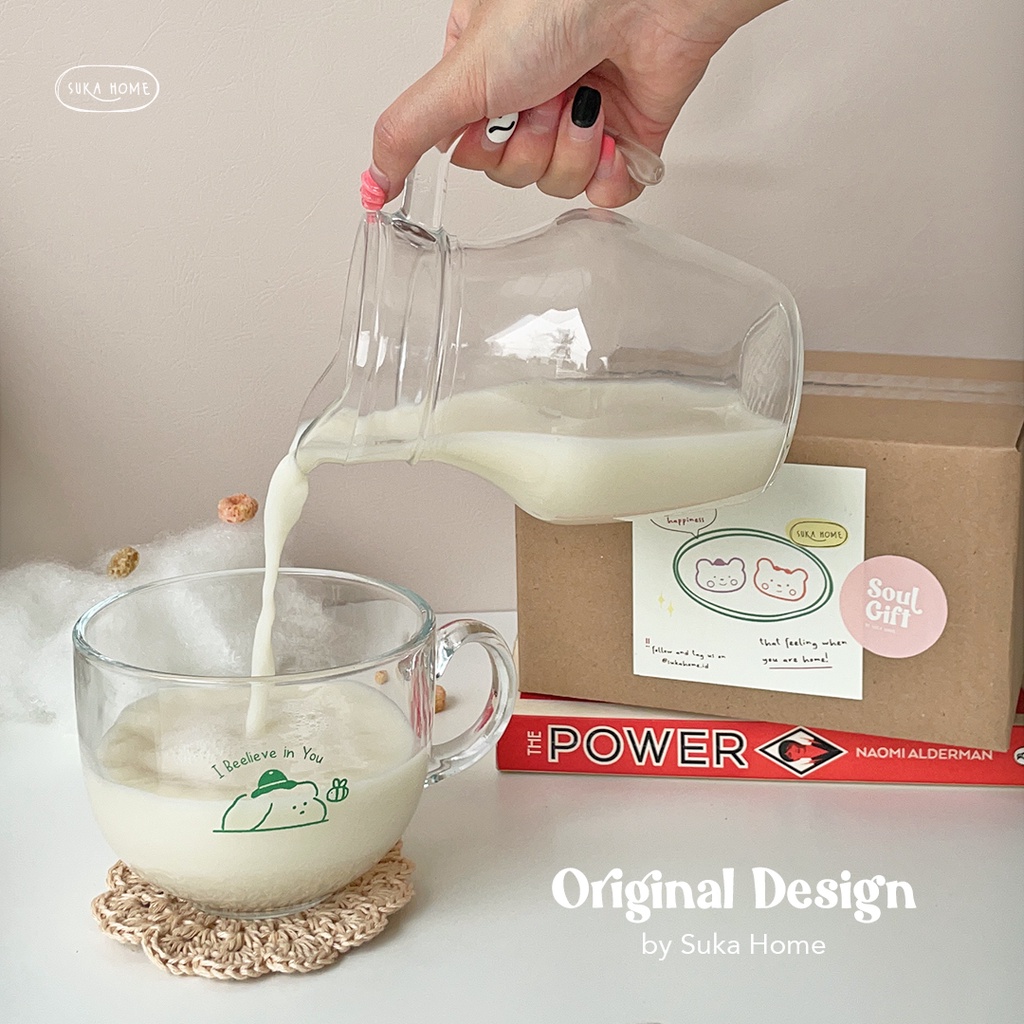 Gelas Minum Kaca Transparan | Gelas Aesthetic Lucu Gaya Korea | Mug Glass Cereal Korean Style | Everyday Mug Glass by Suka Home