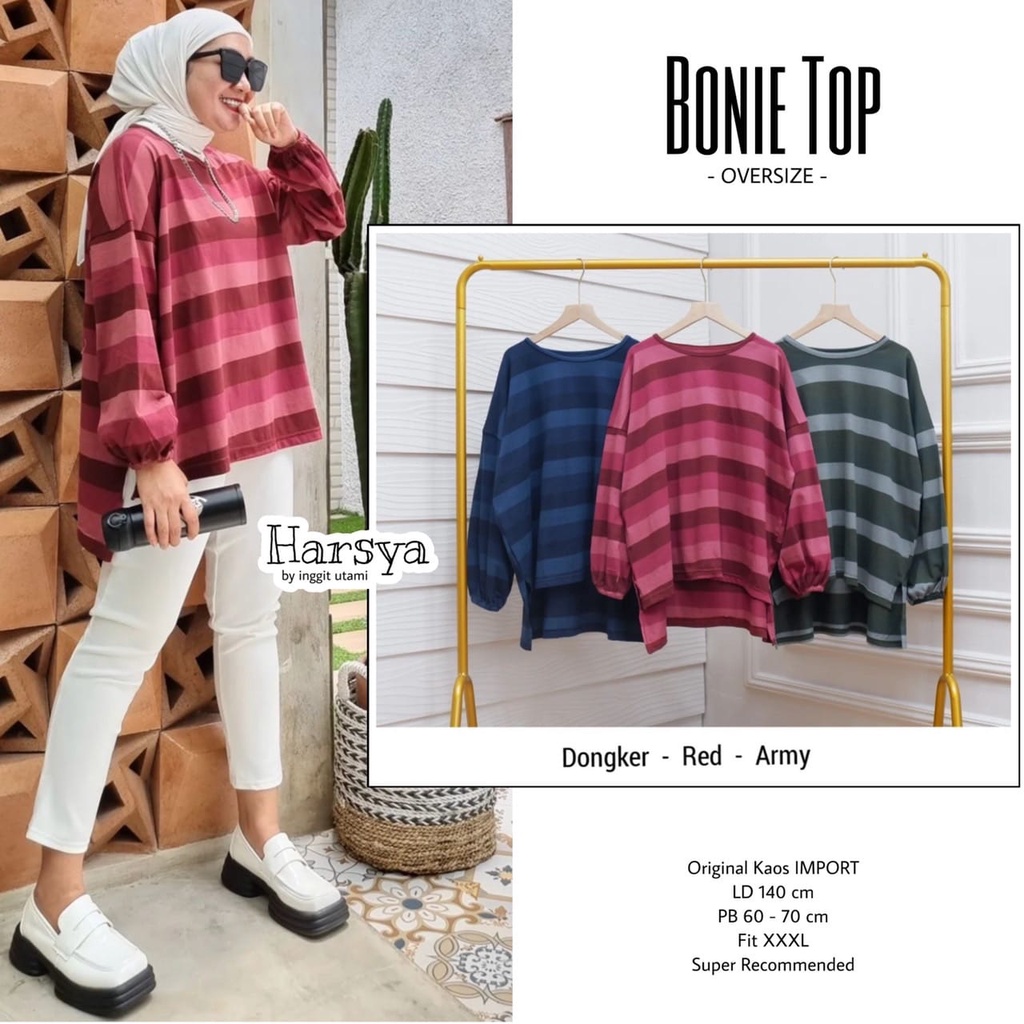 BONIE TOP OVERSIZE BY HARSYA TOP ATASAN KAOS PANJANG WANITA CASUAL JUMBO MOTIF GARIS BAHAN ORIGINAL 