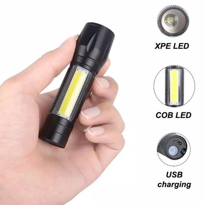 Senter 3 Mode SWAT Police Mini XPE COB Led Zoom Light Recharge