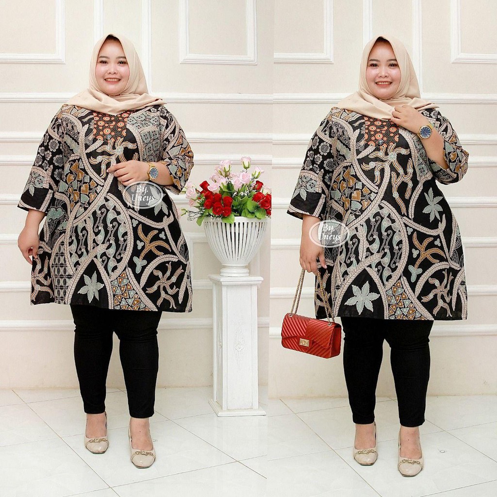 Tunik Batik Wanita Ukuran Jumbo LD 140cm Resleting Belakang Bahan Katun Adem Di Pakai Serap Keringat