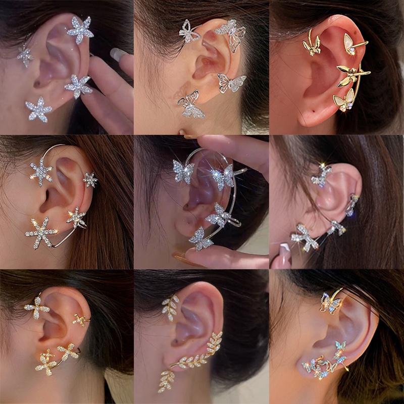 YEEZII Set Anting Kait Gantung Wanita Desain Kupu-Kupu Hias Kristal Mutiara Rumbai Daun Emas Silver