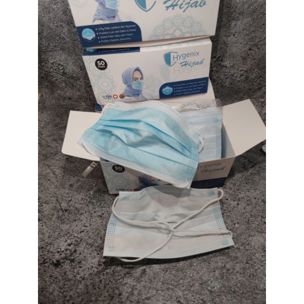 READY STOK MASKER HIJAB BIRU. HEADLOOP BIRU. MASKER HIJAB HEADLOOP HYGIENIX ISI 50 LBR