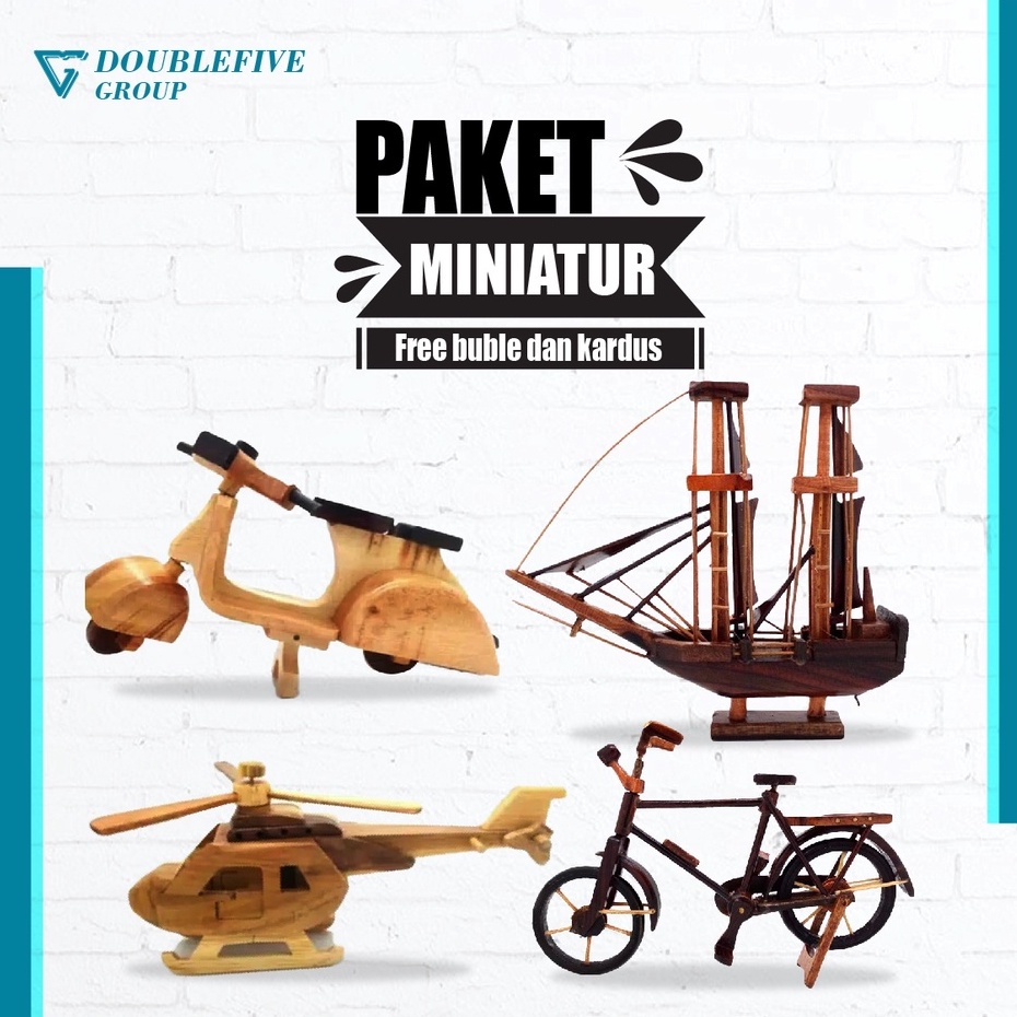 Miniature Paket B isi 4pcs Miniatur dari kayu [Vespa, Sepeda,Helikopter,Kapal Pinisi]