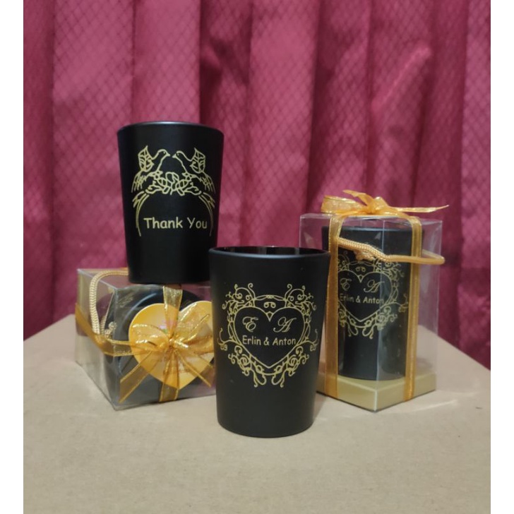 Souvenir Pernikahan gelas sloki jamu kemas mika + sablon bebas Desain