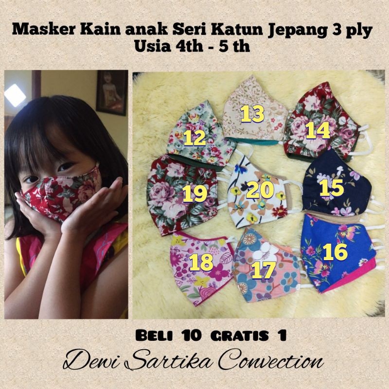 Masker kain anak Seri katun Jepang 3 ply