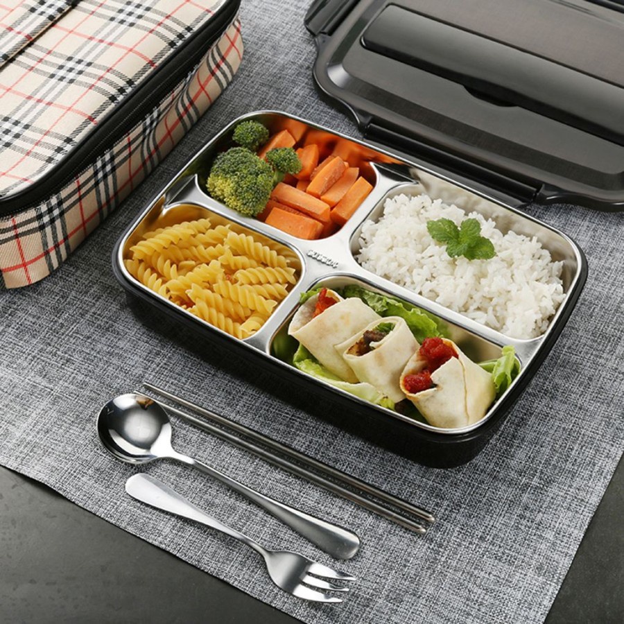 Japan Bento Lunch Box Stainless 4 Grids + Lunch Bag + Set Cutlery / Kotak Makan Stainless