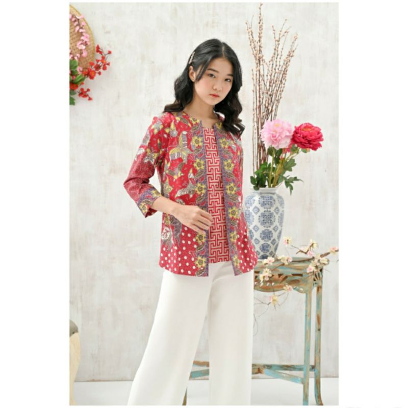 Atasan Blouse Batik Wanita Lengan 7/8 Edisi Imlek Warna Merah, 242 AUS / ACI#-5