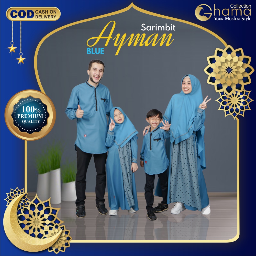 Baju Couple Muslim Gamis Koko Sarimbit Keluarga Ayah Ibu Anak Warna Biru Bahan Toyobo Premium Size X
