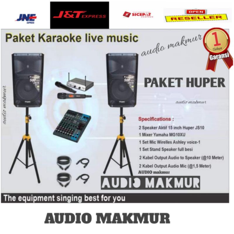 1 PAKET SOUND SISTEM HUPER JS10 ORIGINAL HUPER JS10 15INCH/MIXER YAMAHA MG10XU , MIC WIRELESS