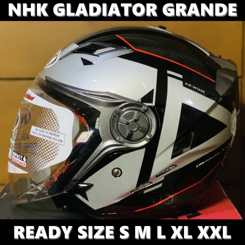 Helm NHK Gladiator Grande Black Silver Glossy Double Visor Half Face