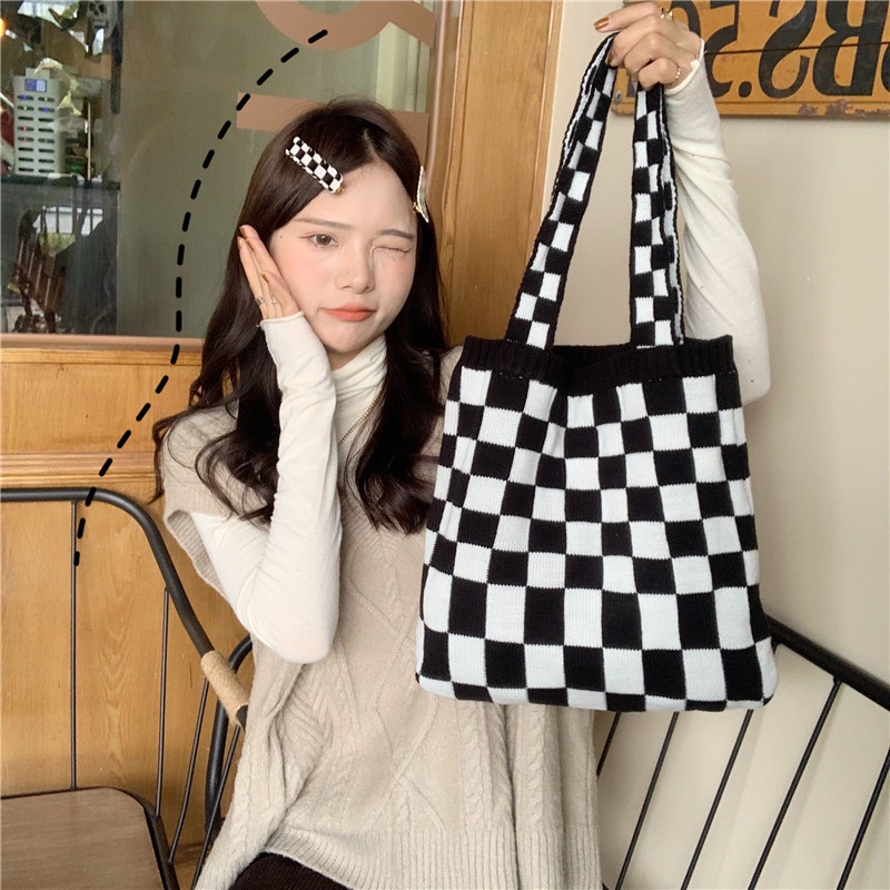 BEST-SELLER!! KOREAN KNITTED TOTEBAG CHECKERED BOARD