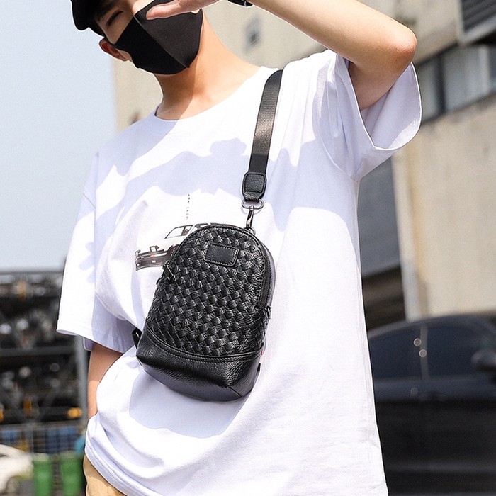 Tas Selempang Kulit Pria Leather Woven Mini Slingbag 9938