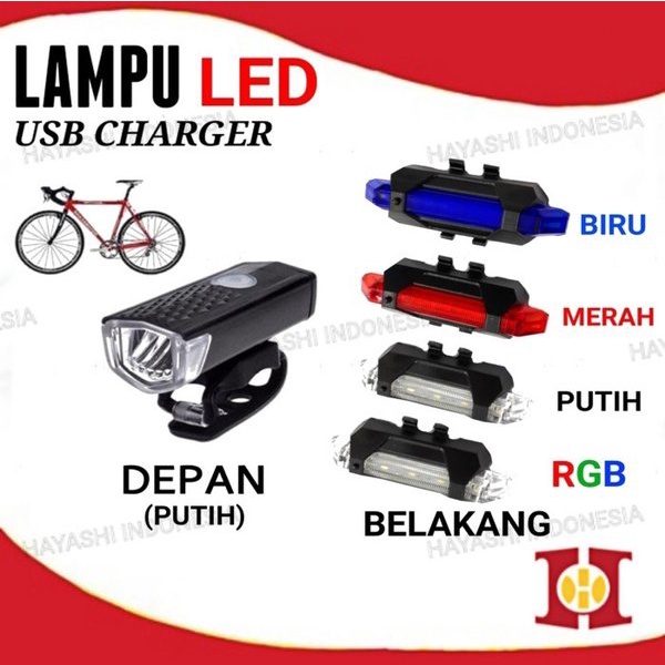 Lampu Depan Belakang Sepeda LED USB Charge Rechargeable Anti Air