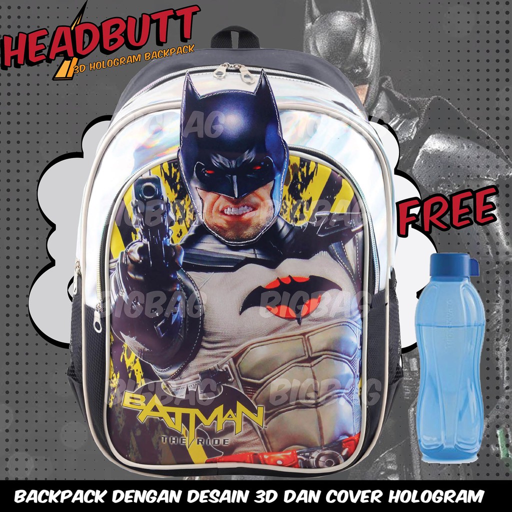 Tas Ransel Karakter - BATMAN - SPIDERMAN - IRON MAN - CAPTAIN AMERICA - HEADBUTT HOLOGRAM + BOTOL