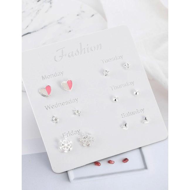 LRC Anting Set Elegant Alloy Heart Shape&amp;snowflake Decorated Earrings(6pairs) F22042