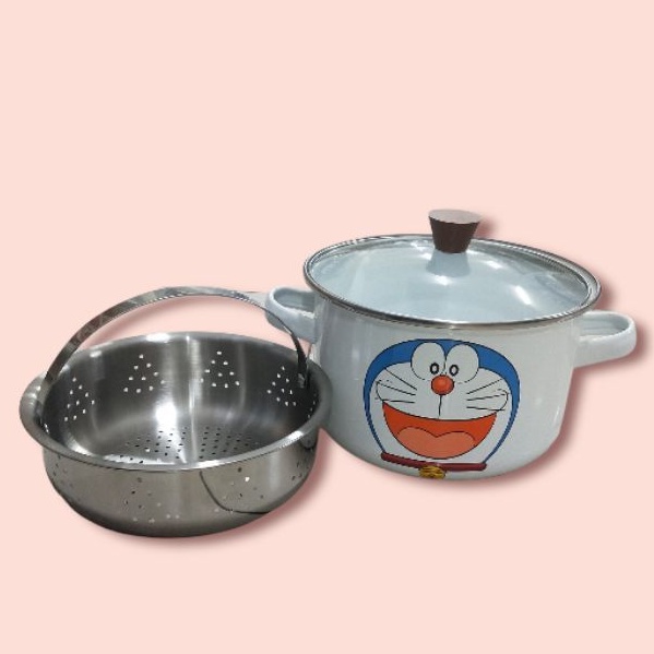 Panci Enamel with steamer l Pance Kukus l Panci Stock Pot Doraemon l Kolektor Doraemon