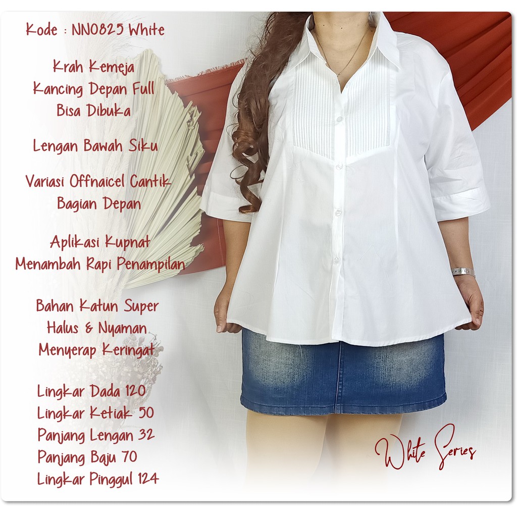 Kemeja Wanita Big Size Baju Kerja Atasan Lengan Pendek Pakaian Kerja PNS Seragam Putih LD 120