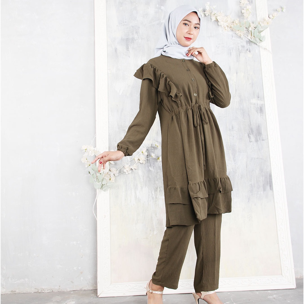 ONE SET TUNIK BAJU WANITA LENGAN PANJANG POLOS CELANA KAIN PANJANG BAJU MUSLIM ARIA SET