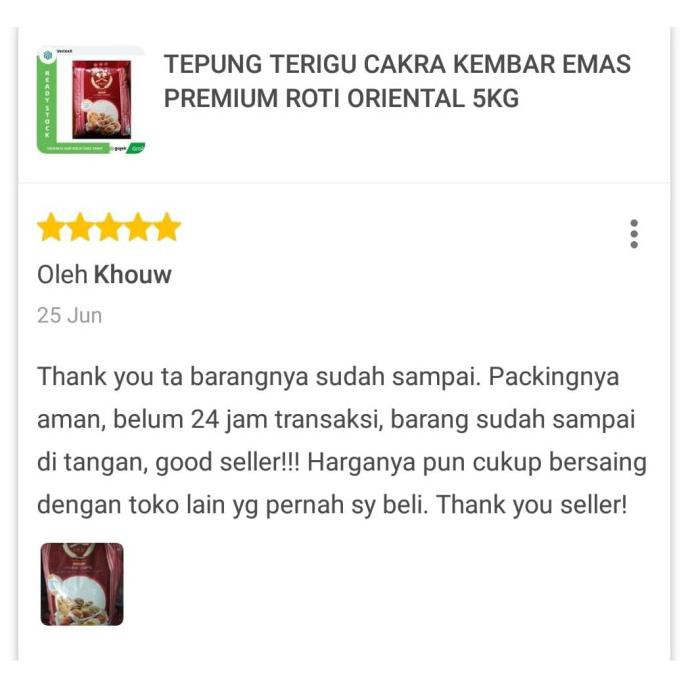 

Tepung Terigu Cakra Kembar Emas Premium Roti Oriental 5Kg