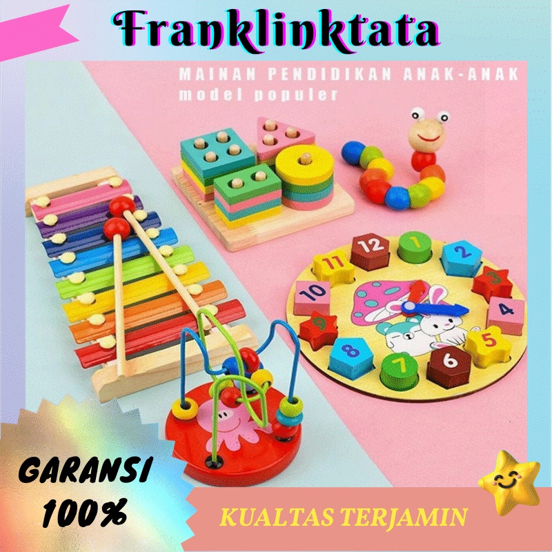 TERBARU Mainan Edukasi Anak Mini Round Beads  Basic Shape Kayu Balok Geometri Puzzle 3D Montessori Sensory Xylophone Jam Angka BEST SELLER * Barang spot