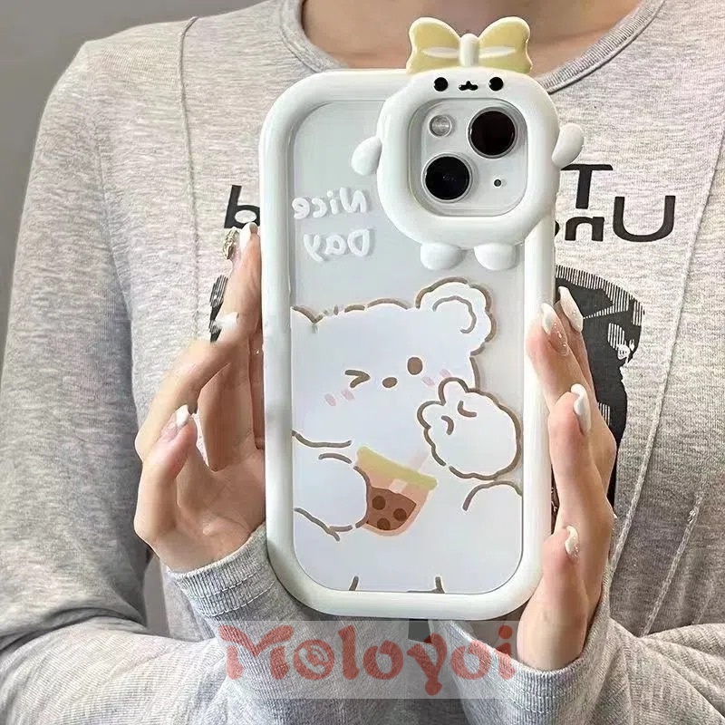 Soft Case TPU Motif Kartun Beruang Putih 3D Untuk iPhone 7 8 14 Plus 6 6S XR 14 11 13 12 Pro Max X XS Max SE 2020 14Pro Max